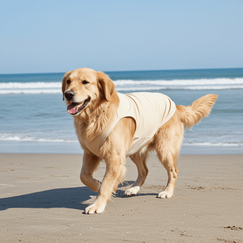 golden retriever wearing sunblock rashguard