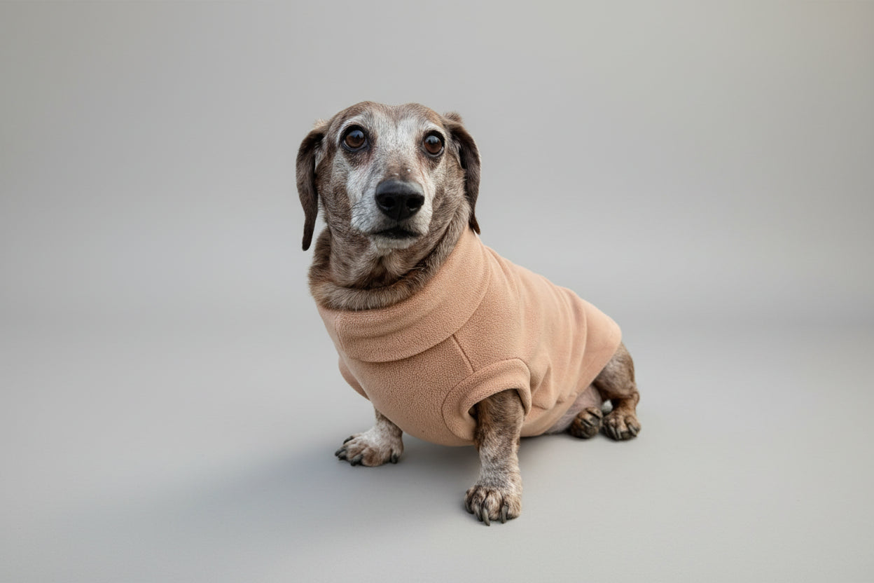 dachshund wearing brown fleece sweater